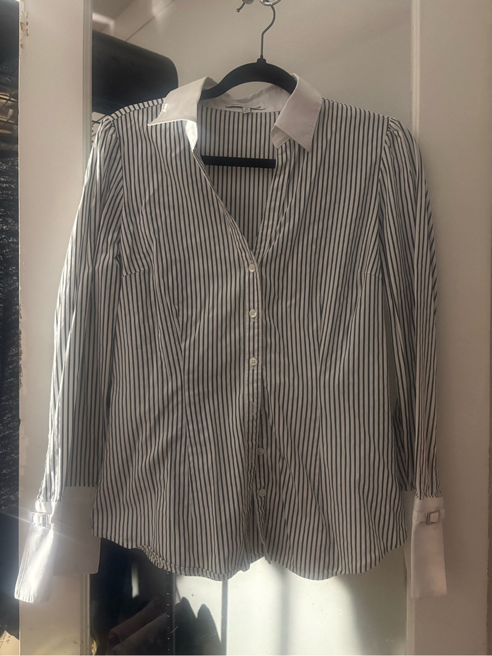Express Black and White Striped Dress Shirt with Contrast Collar